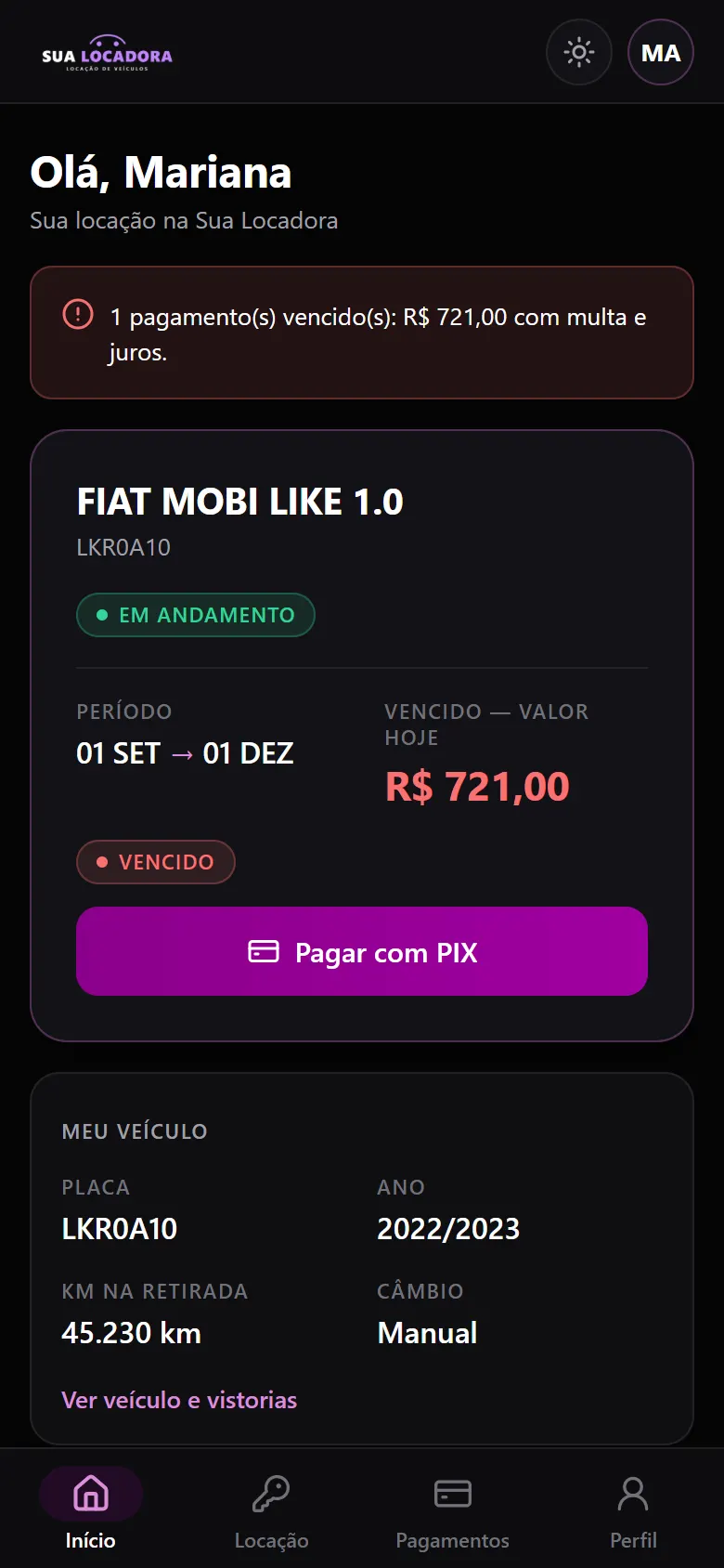 Tela inicial do aplicativo do locatário com a locação em andamento