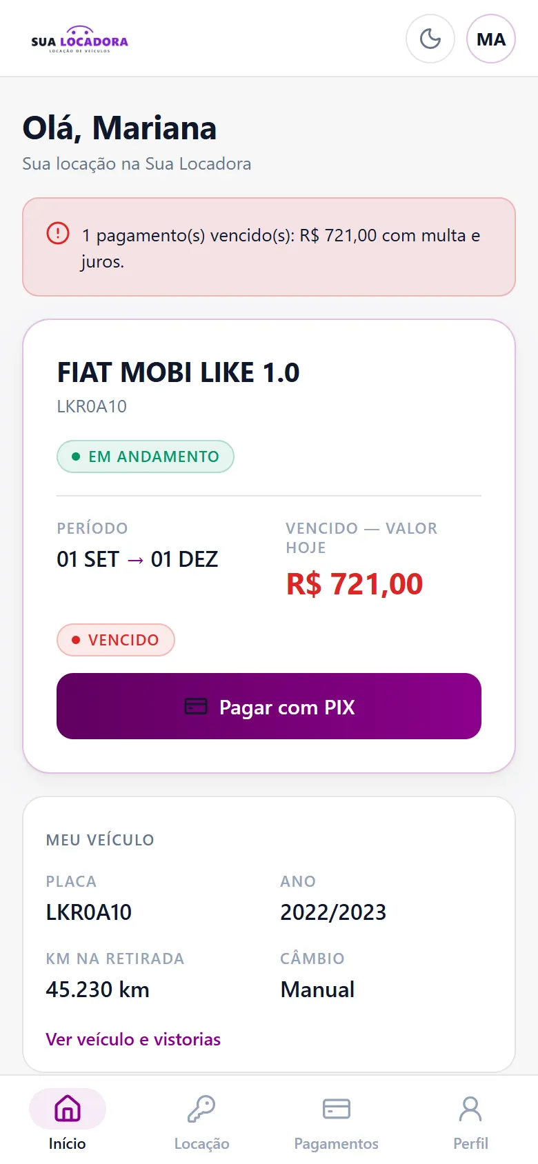 Tela inicial do aplicativo do locatário com a locação em andamento