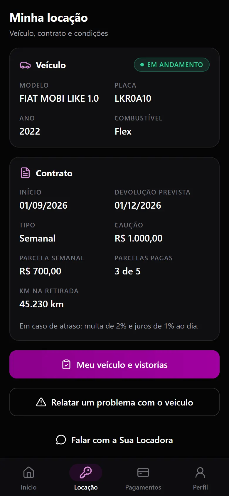 Tela Minha locação no app, com veículo, contrato, caução e parcelas