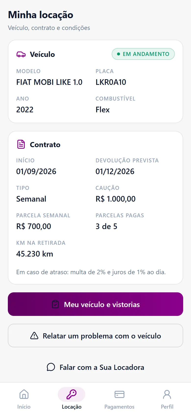 Tela Minha locação no app, com veículo, contrato, caução e parcelas
