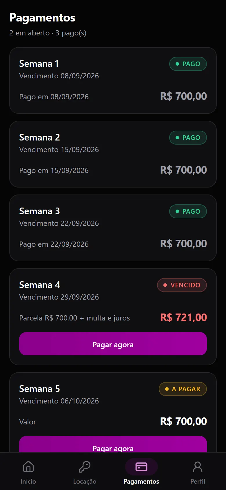 Lista de parcelas no aplicativo do locatário, com status pago, vencido e a pagar