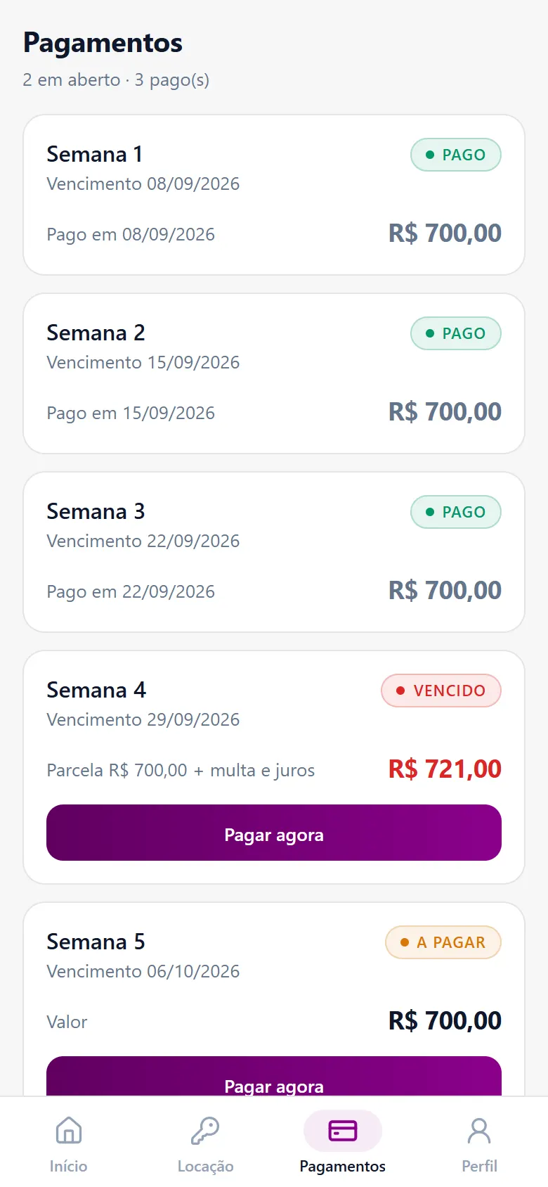 Lista de parcelas no aplicativo do locatário, com status pago, vencido e a pagar